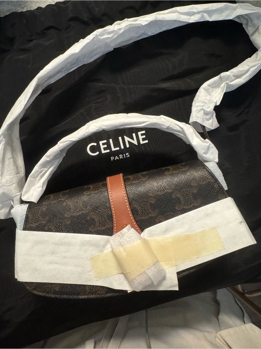 Celine Brown Monogram Crossbody with Tan Leather Strap